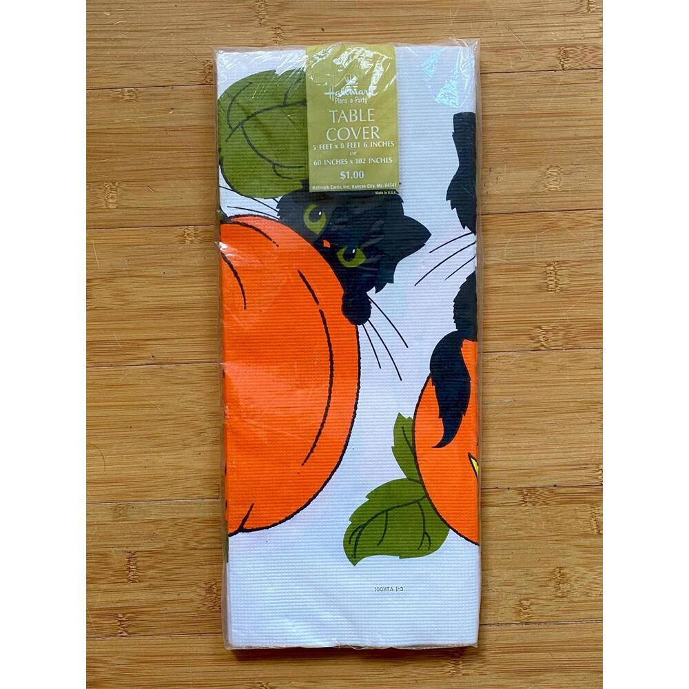 90s Vintage Hallmark Halloween Black Cat Pumpkin JOL Tablecloth NEW 60" by 102"